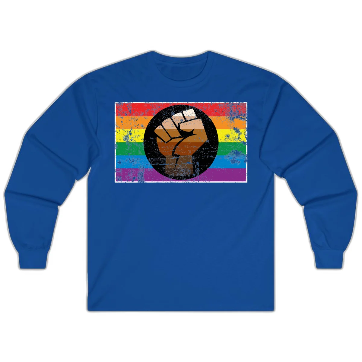 Distressed circular badge featuring a raised brown fist overlaid on a rainbow pride flag background, symbolizing LGBTQ+ solidarity and empowerment in Royal