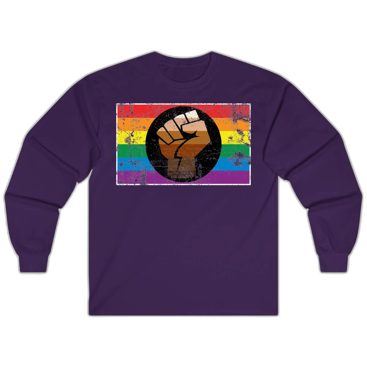 Distressed circular badge featuring a raised brown fist overlaid on a rainbow pride flag background, symbolizing LGBTQ+ solidarity and empowerment in Purple