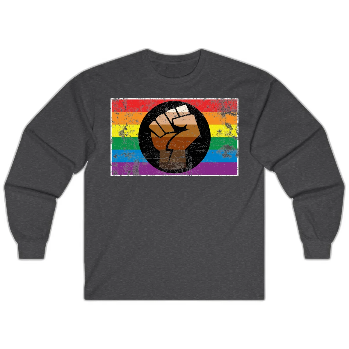 Distressed circular badge featuring a raised brown fist overlaid on a rainbow pride flag background, symbolizing LGBTQ+ solidarity and empowerment in Dark Heather