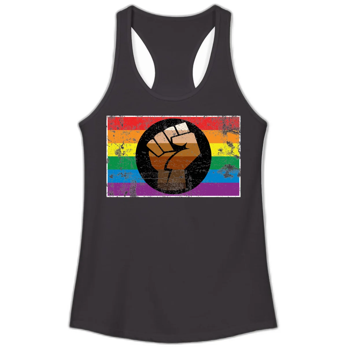 Distressed circular badge featuring a raised brown fist overlaid on a rainbow pride flag background, symbolizing LGBTQ+ solidarity and empowerment in Black
