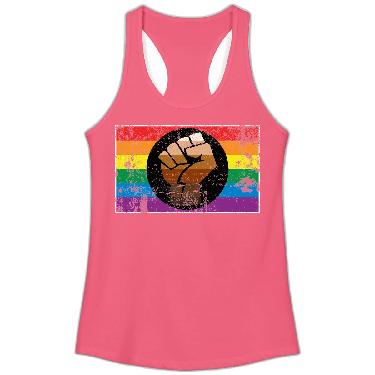 Distressed circular badge featuring a raised brown fist overlaid on a rainbow pride flag background, symbolizing LGBTQ+ solidarity and empowerment in Hot Pink