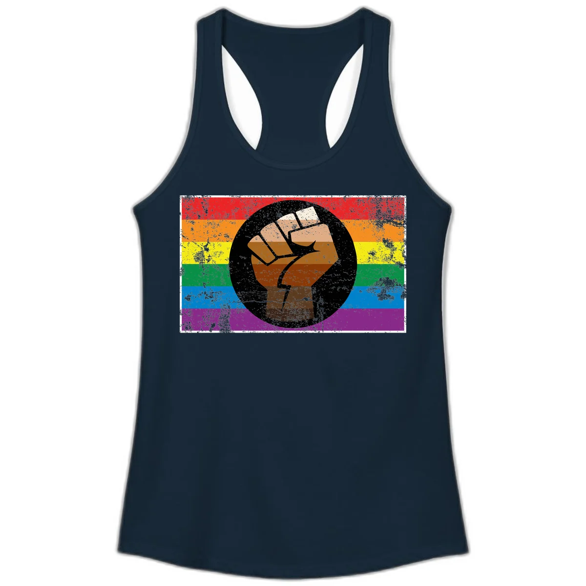 Distressed circular badge featuring a raised brown fist overlaid on a rainbow pride flag background, symbolizing LGBTQ+ solidarity and empowerment in Solid Midnight Navy