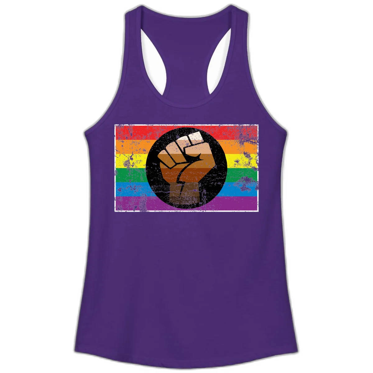 Distressed circular badge featuring a raised brown fist overlaid on a rainbow pride flag background, symbolizing LGBTQ+ solidarity and empowerment in Solid Purple Rush