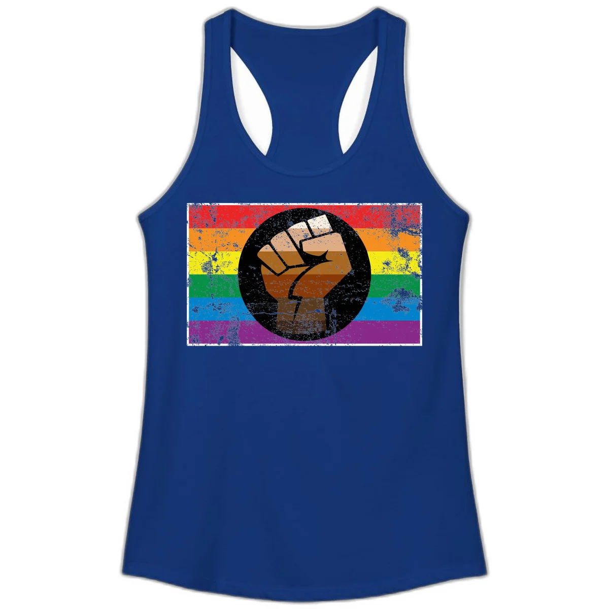 Distressed circular badge featuring a raised brown fist overlaid on a rainbow pride flag background, symbolizing LGBTQ+ solidarity and empowerment in Solid Royal