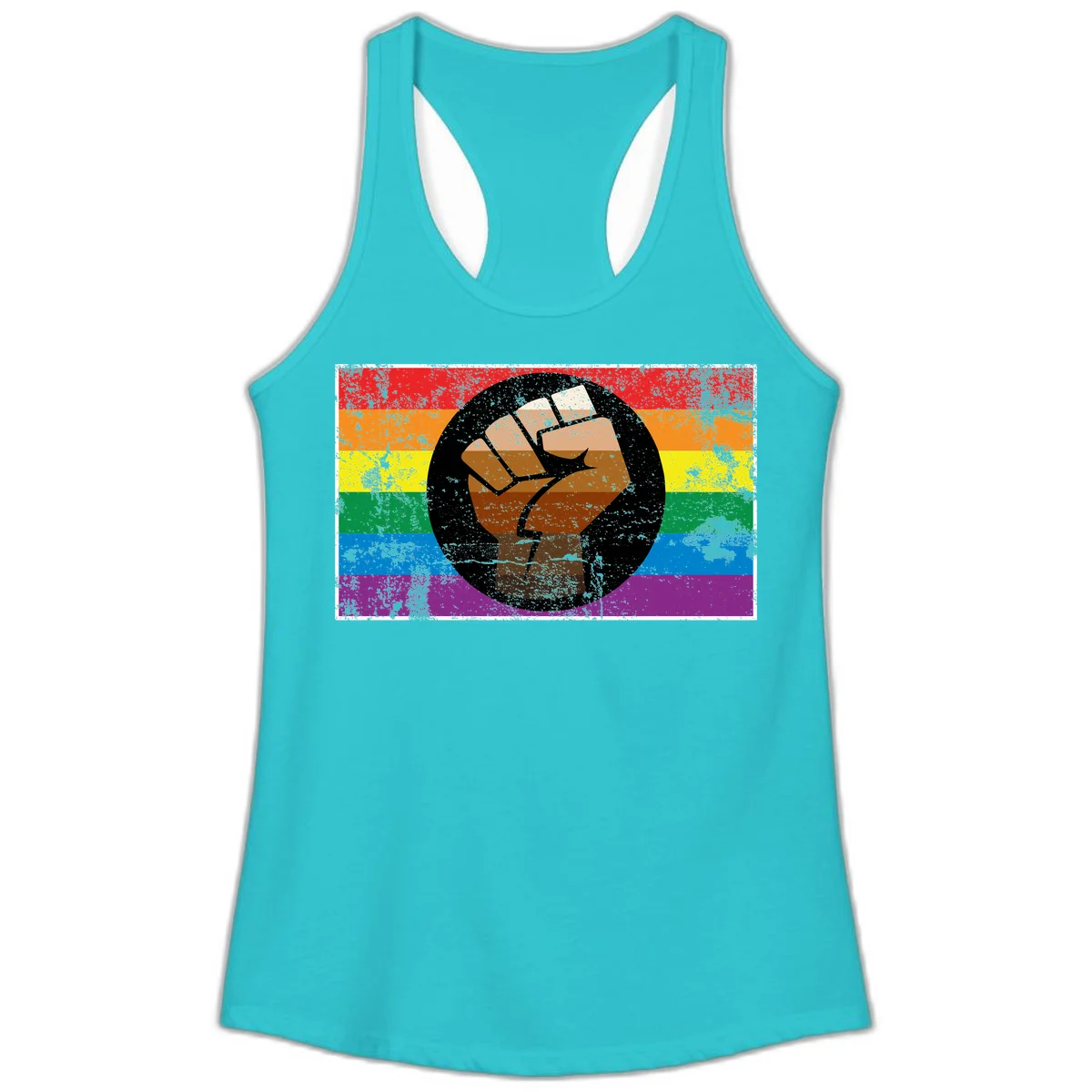 Distressed circular badge featuring a raised brown fist overlaid on a rainbow pride flag background, symbolizing LGBTQ+ solidarity and empowerment in Solid Tahiti Blue