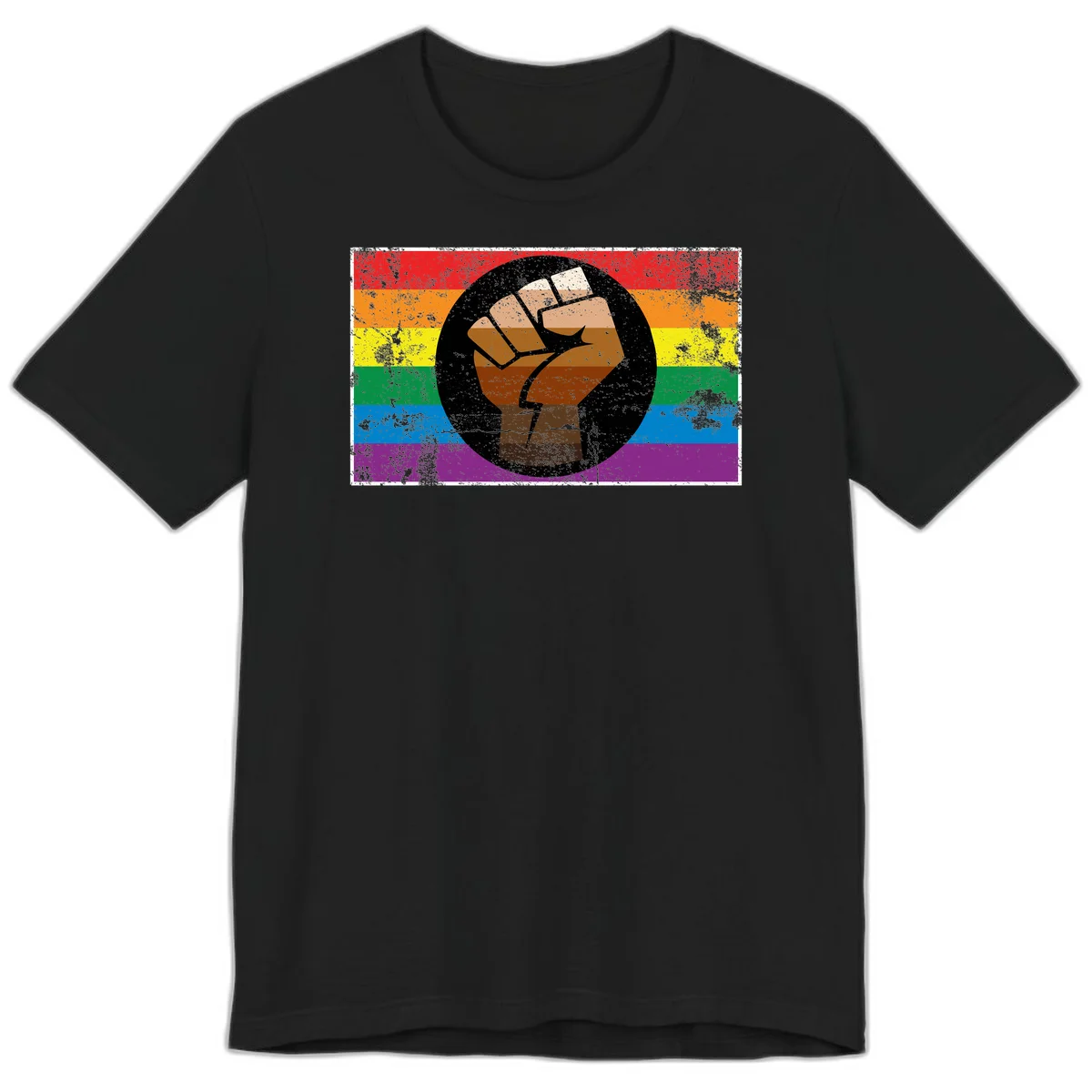 Distressed circular badge featuring a raised brown fist overlaid on a rainbow pride flag background, symbolizing LGBTQ+ solidarity and empowerment in Black