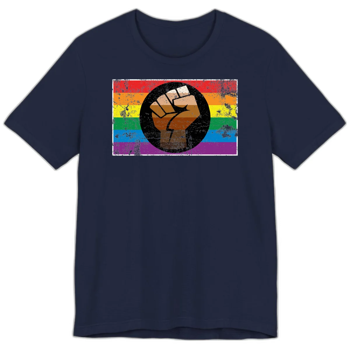 Distressed circular badge featuring a raised brown fist overlaid on a rainbow pride flag background, symbolizing LGBTQ+ solidarity and empowerment in Navy