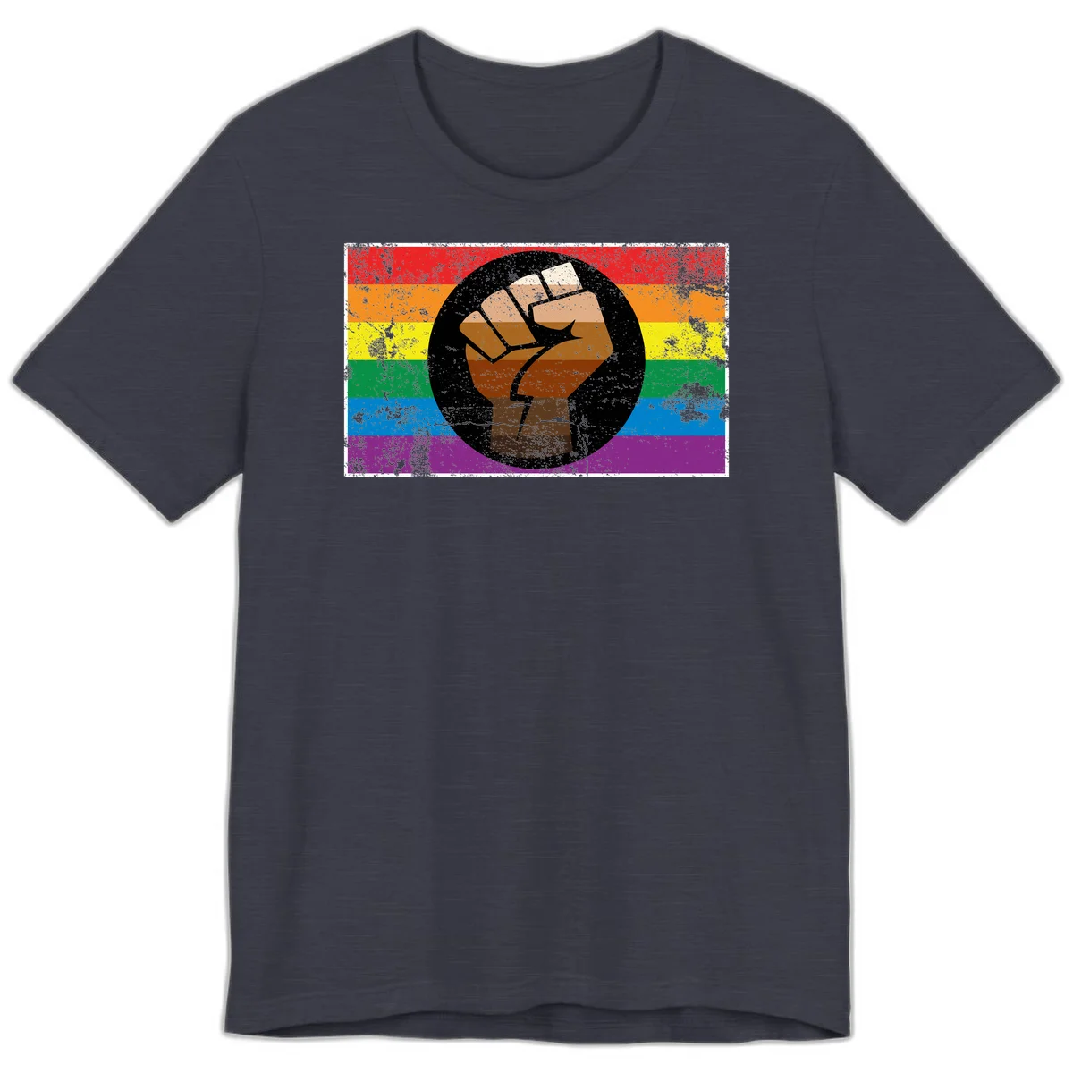 Distressed circular badge featuring a raised brown fist overlaid on a rainbow pride flag background, symbolizing LGBTQ+ solidarity and empowerment in Heather Midnight Navy