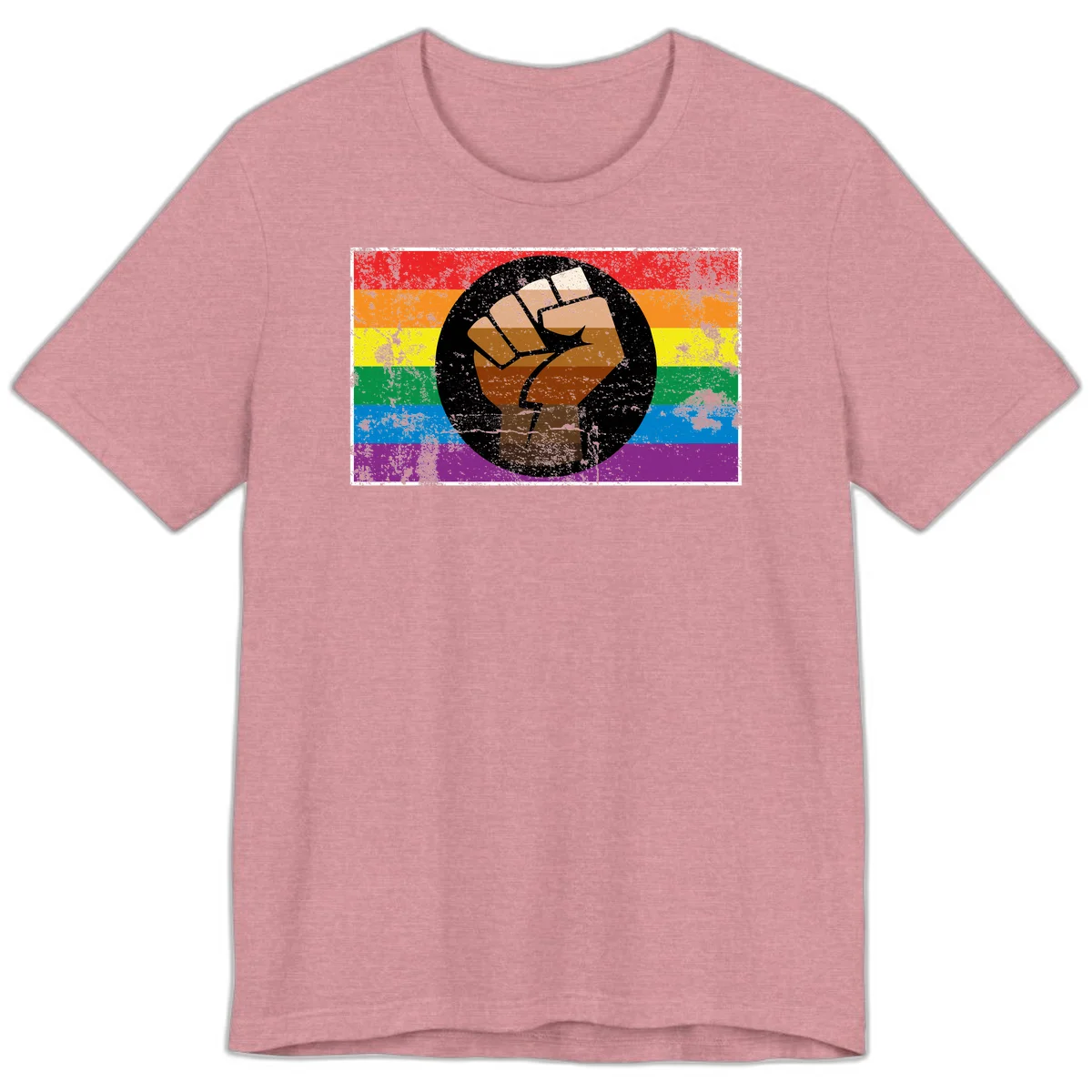 Distressed circular badge featuring a raised brown fist overlaid on a rainbow pride flag background, symbolizing LGBTQ+ solidarity and empowerment in Heather Orchid