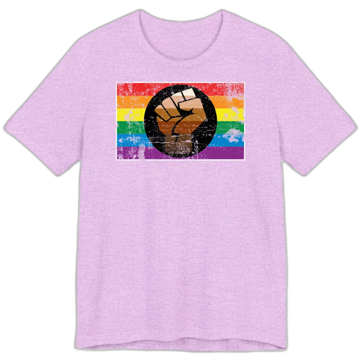 Distressed circular badge featuring a raised brown fist overlaid on a rainbow pride flag background, symbolizing LGBTQ+ solidarity and empowerment in Heather Prism Lilac