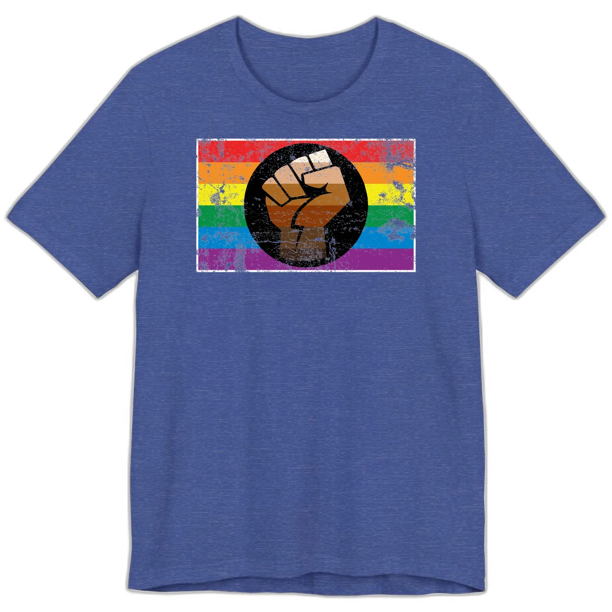 Distressed circular badge featuring a raised brown fist overlaid on a rainbow pride flag background, symbolizing LGBTQ+ solidarity and empowerment in Heather True Royal