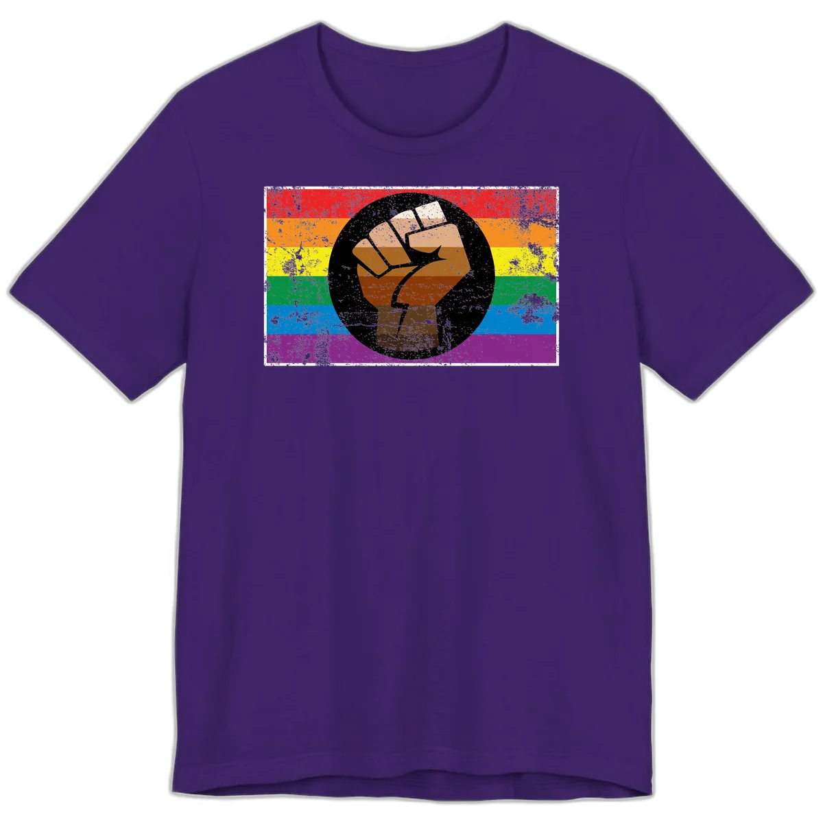 Distressed circular badge featuring a raised brown fist overlaid on a rainbow pride flag background, symbolizing LGBTQ+ solidarity and empowerment in Team Purple