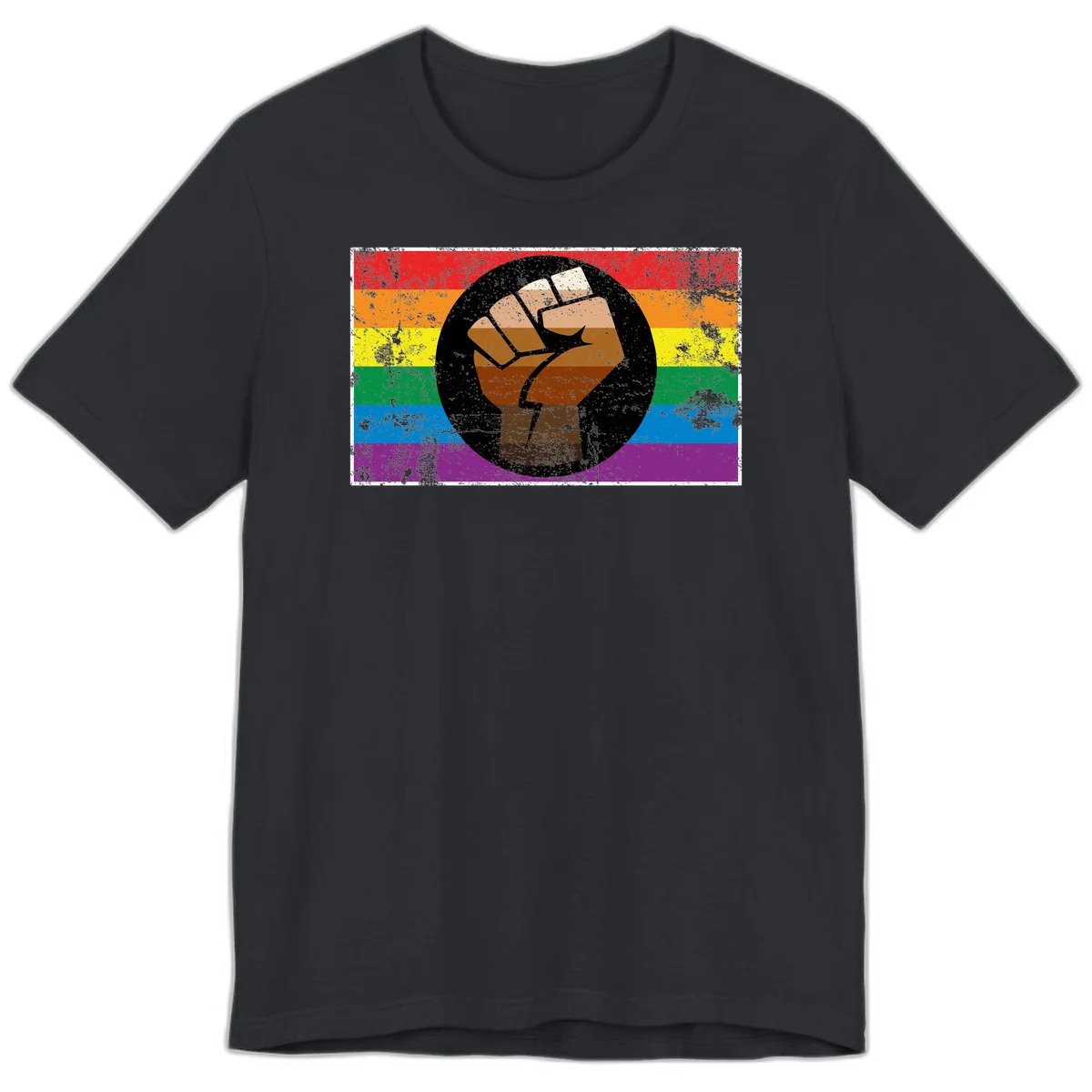 Distressed circular badge featuring a raised brown fist overlaid on a rainbow pride flag background, symbolizing LGBTQ+ solidarity and empowerment in Vintage Black