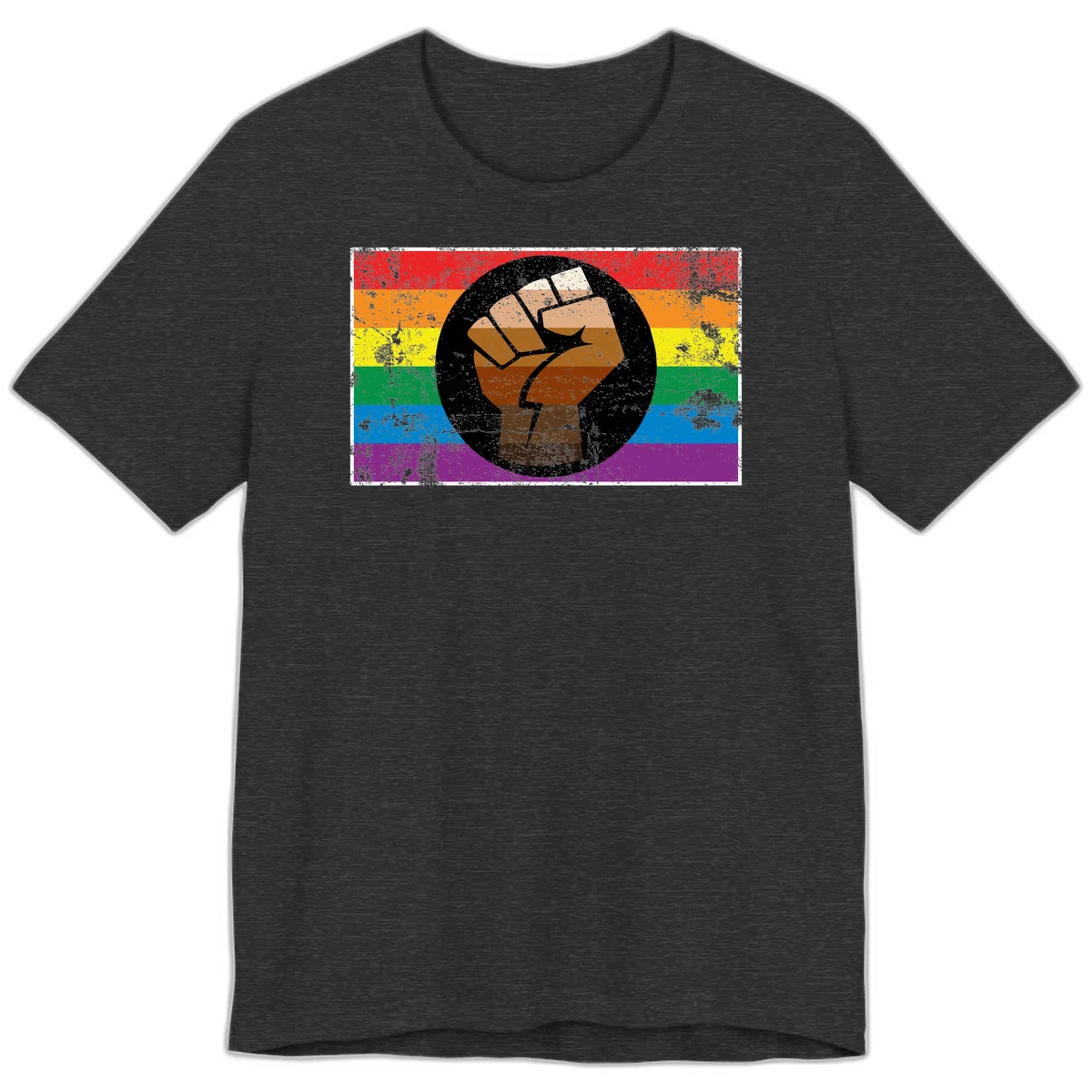 Distressed circular badge featuring a raised brown fist overlaid on a rainbow pride flag background, symbolizing LGBTQ+ solidarity and empowerment in Dark Grey Heather