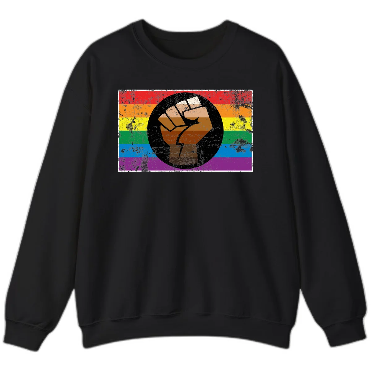 Distressed circular badge featuring a raised brown fist overlaid on a rainbow pride flag background, symbolizing LGBTQ+ solidarity and empowerment in Black