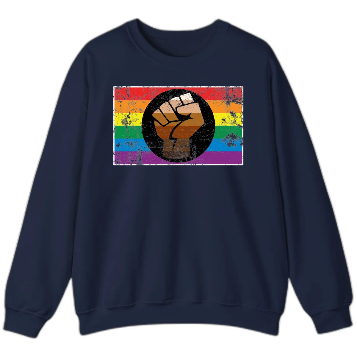 Distressed circular badge featuring a raised brown fist overlaid on a rainbow pride flag background, symbolizing LGBTQ+ solidarity and empowerment in Navy
