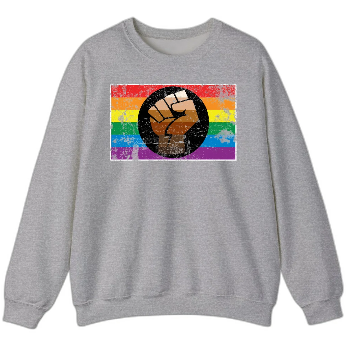 Distressed circular badge featuring a raised brown fist overlaid on a rainbow pride flag background, symbolizing LGBTQ+ solidarity and empowerment in Sport Grey