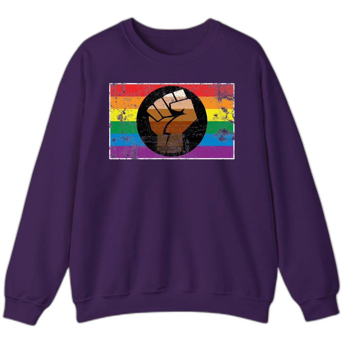 Distressed circular badge featuring a raised brown fist overlaid on a rainbow pride flag background, symbolizing LGBTQ+ solidarity and empowerment in Purple