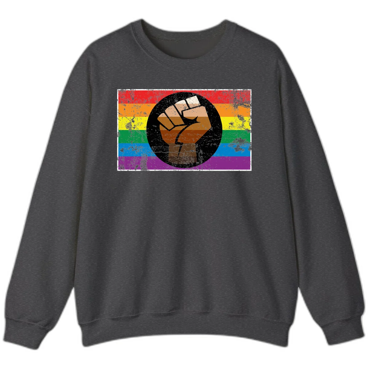 Distressed circular badge featuring a raised brown fist overlaid on a rainbow pride flag background, symbolizing LGBTQ+ solidarity and empowerment in Dark Heather