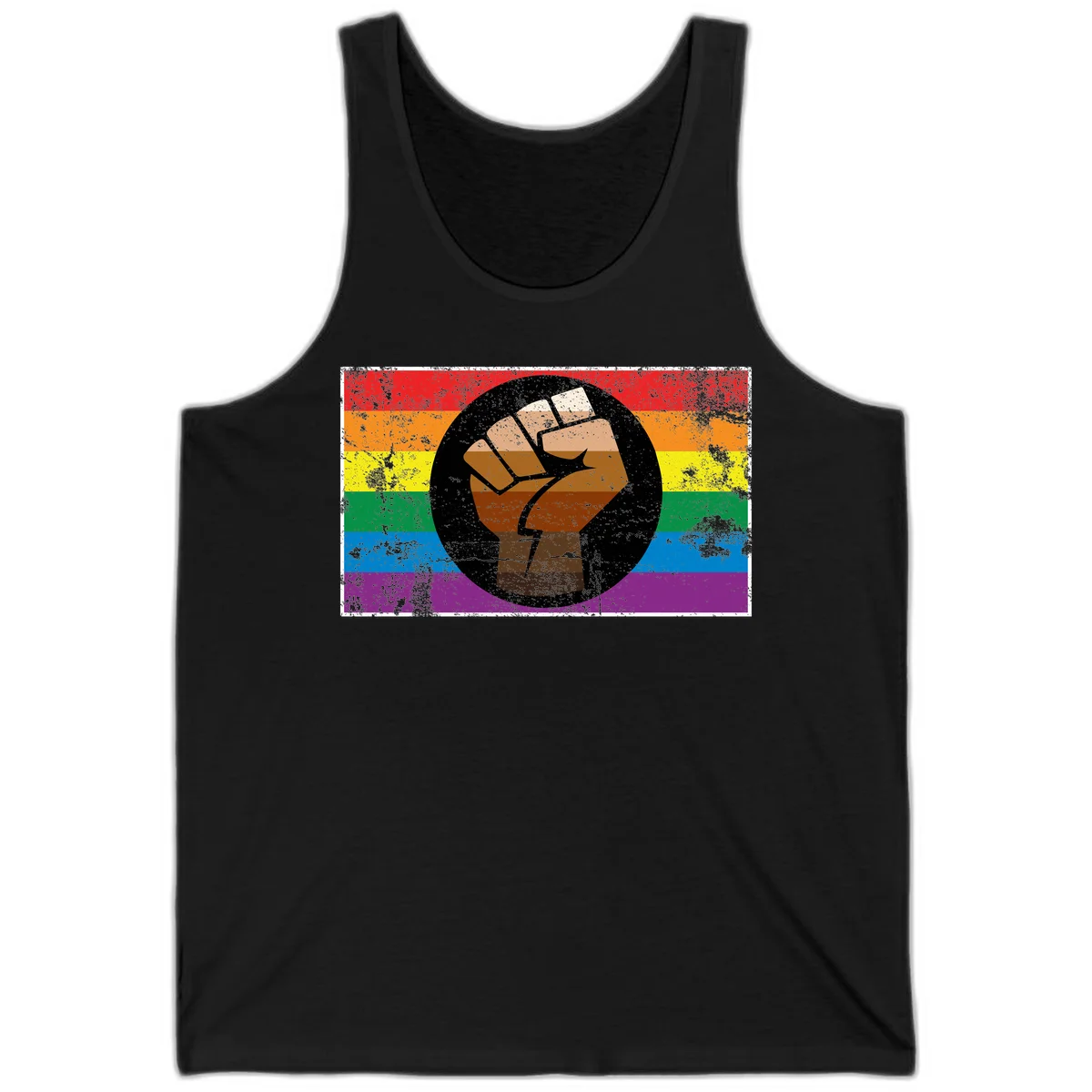Distressed circular badge featuring a raised brown fist overlaid on a rainbow pride flag background, symbolizing LGBTQ+ solidarity and empowerment in Black