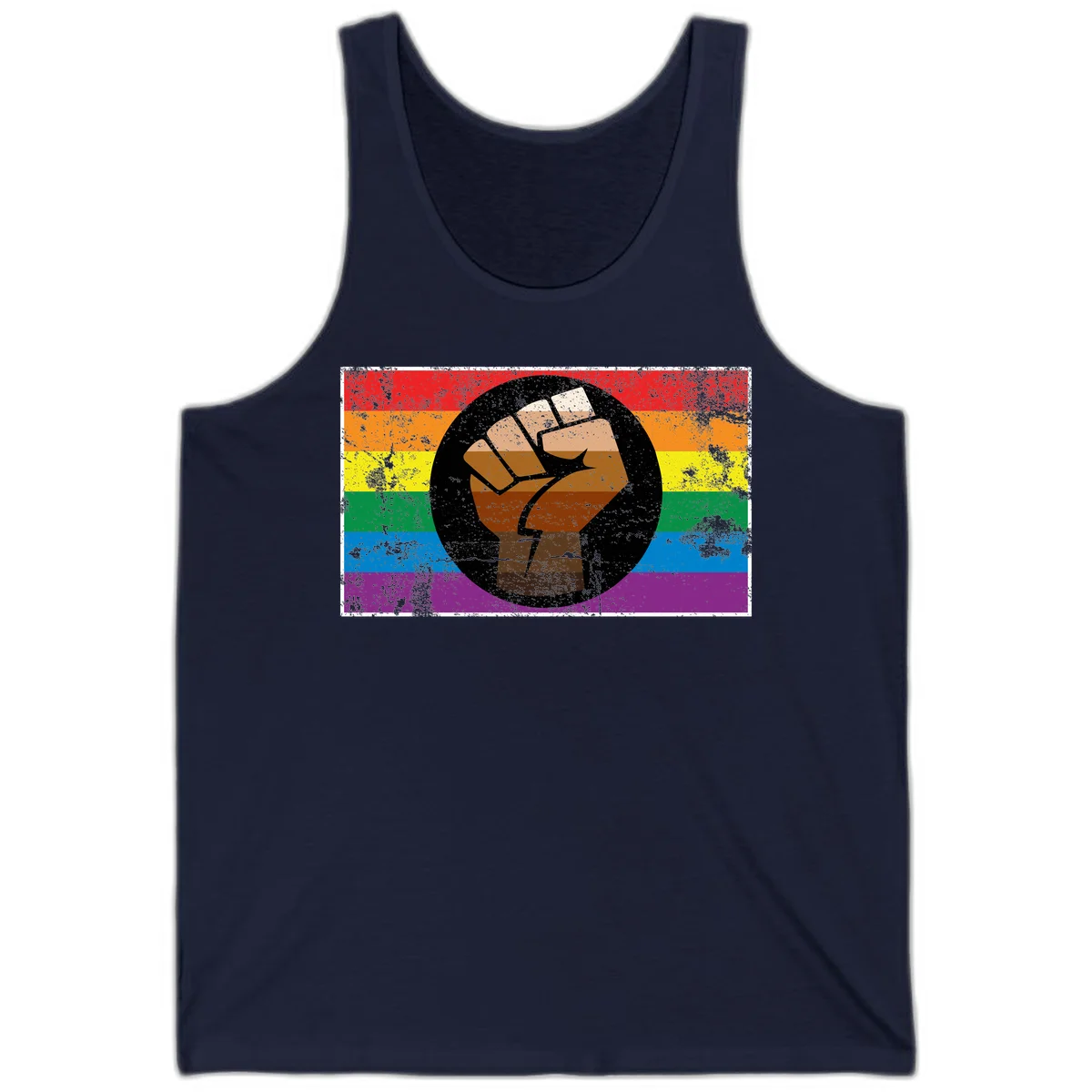 Distressed circular badge featuring a raised brown fist overlaid on a rainbow pride flag background, symbolizing LGBTQ+ solidarity and empowerment in Navy