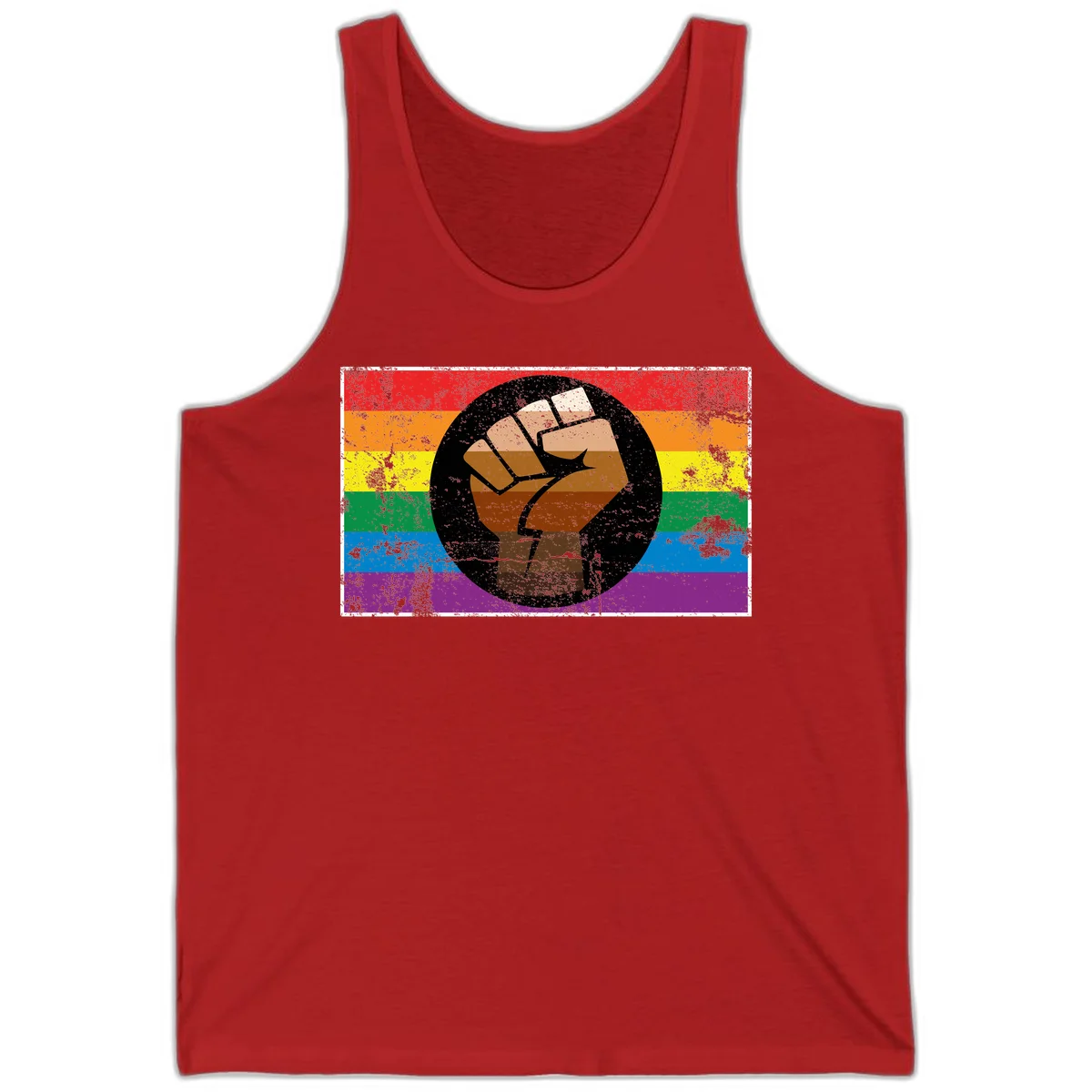 Distressed circular badge featuring a raised brown fist overlaid on a rainbow pride flag background, symbolizing LGBTQ+ solidarity and empowerment in Red