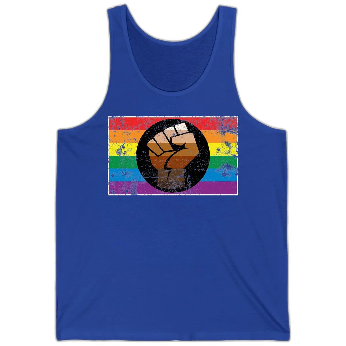 Distressed circular badge featuring a raised brown fist overlaid on a rainbow pride flag background, symbolizing LGBTQ+ solidarity and empowerment in True Royal
