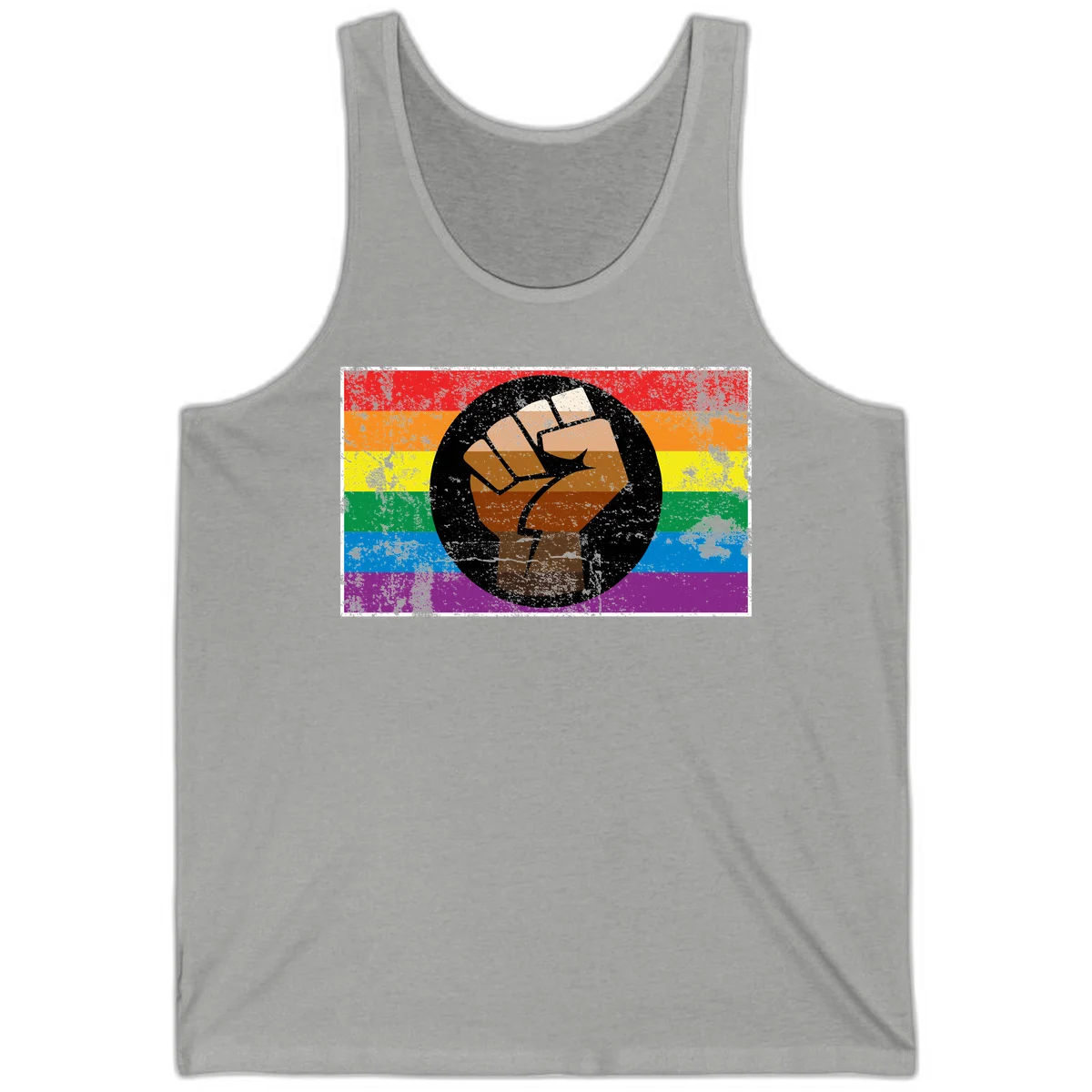 Distressed circular badge featuring a raised brown fist overlaid on a rainbow pride flag background, symbolizing LGBTQ+ solidarity and empowerment in Athletic Heather