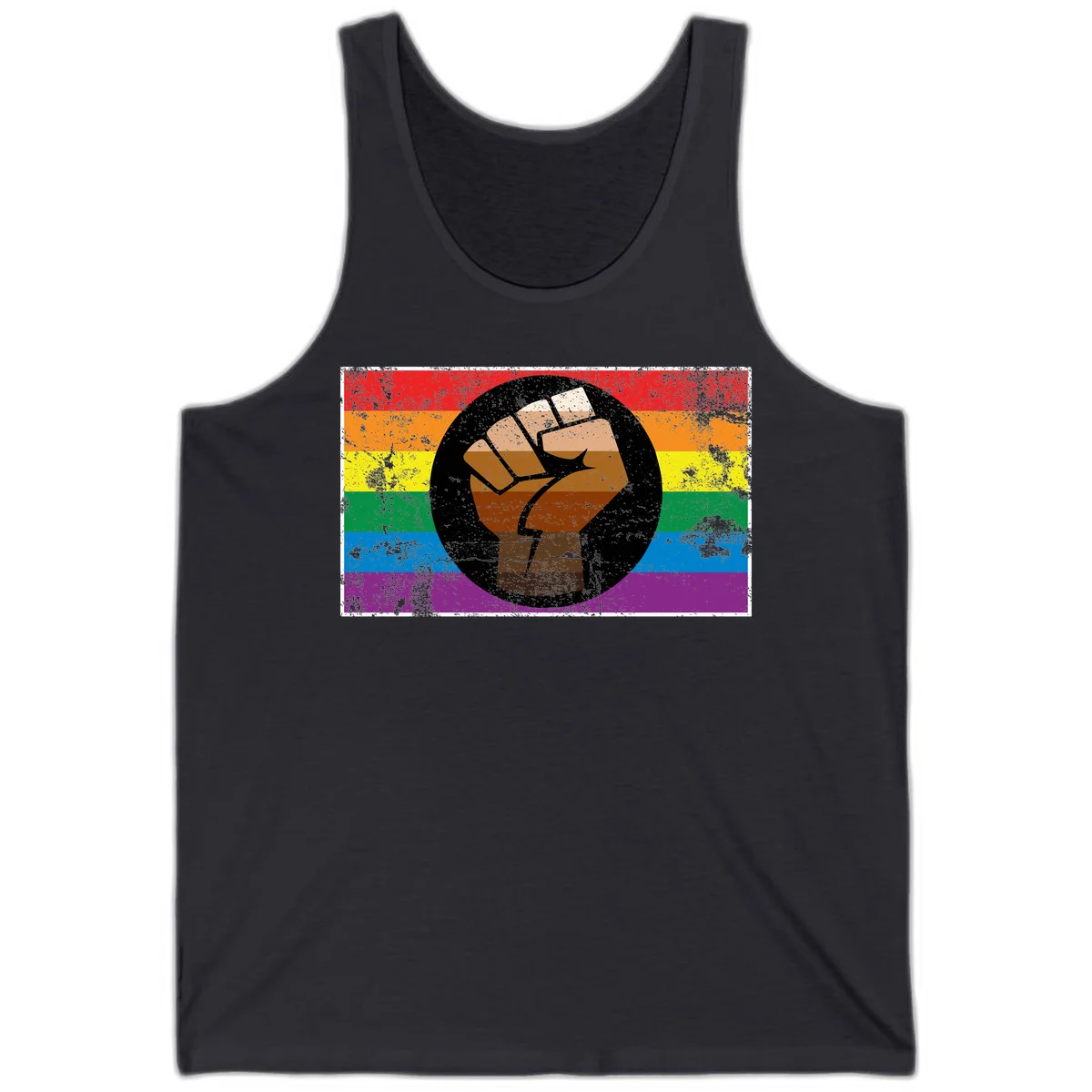 Distressed circular badge featuring a raised brown fist overlaid on a rainbow pride flag background, symbolizing LGBTQ+ solidarity and empowerment in Dark Grey