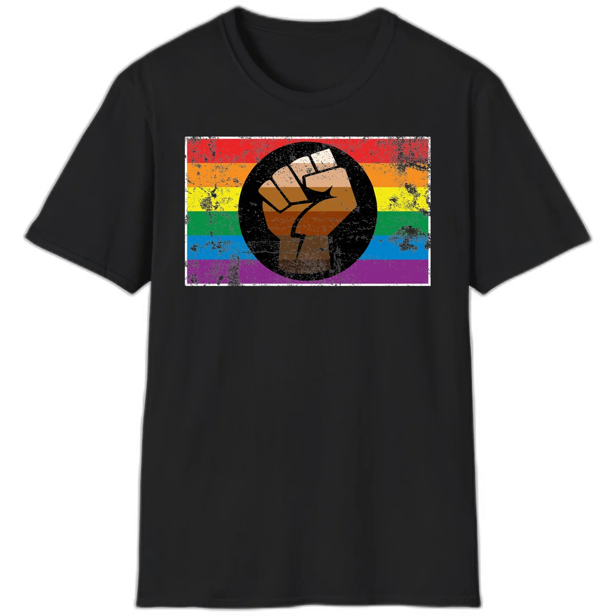 Distressed circular badge featuring a raised brown fist overlaid on a rainbow pride flag background, symbolizing LGBTQ+ solidarity and empowerment in Black