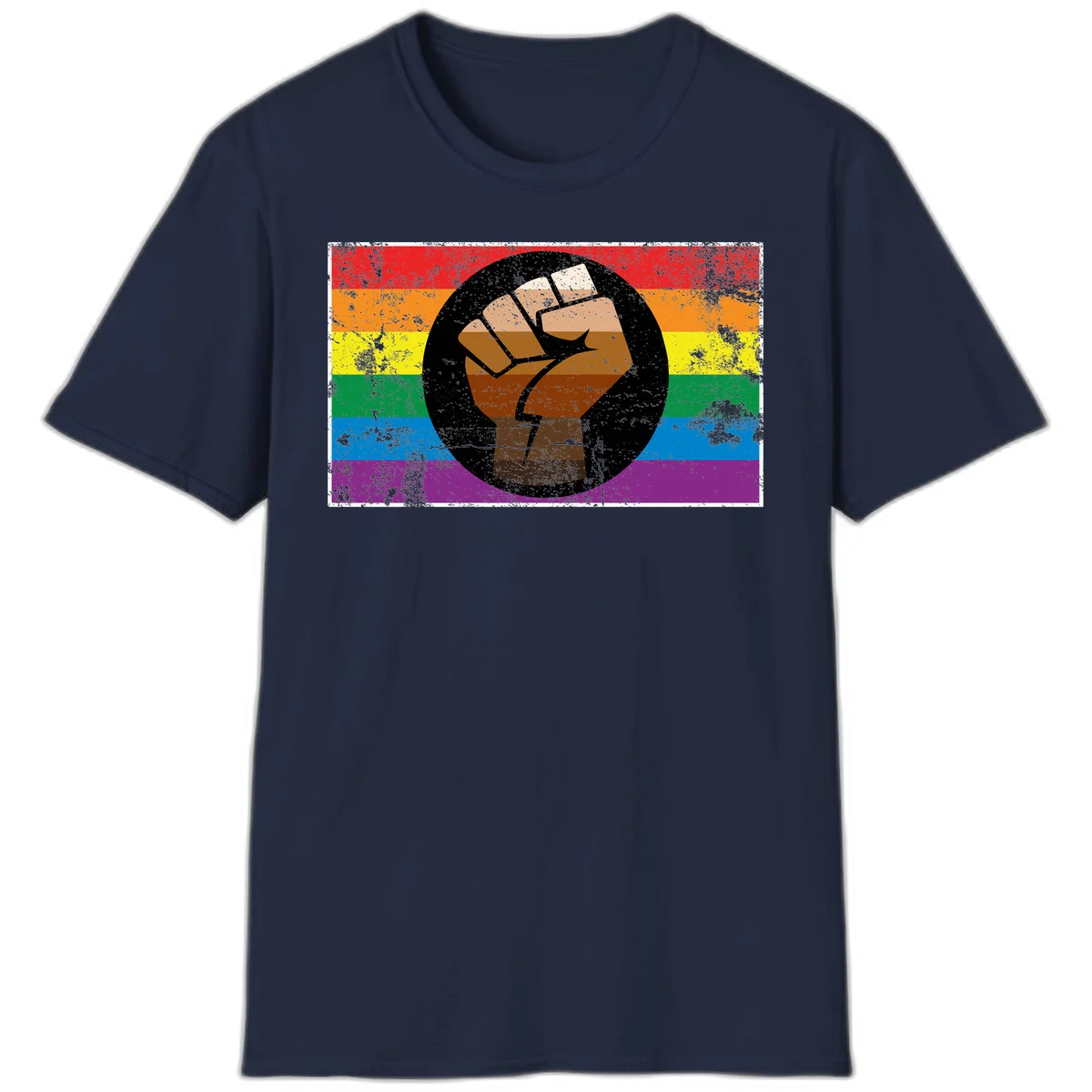 Distressed circular badge featuring a raised brown fist overlaid on a rainbow pride flag background, symbolizing LGBTQ+ solidarity and empowerment in Navy
