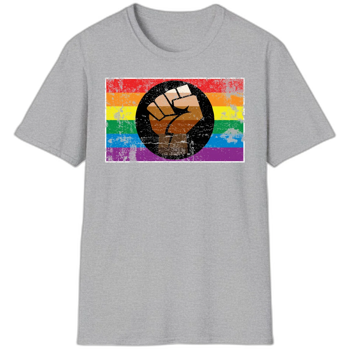 Distressed circular badge featuring a raised brown fist overlaid on a rainbow pride flag background, symbolizing LGBTQ+ solidarity and empowerment in Sport Grey