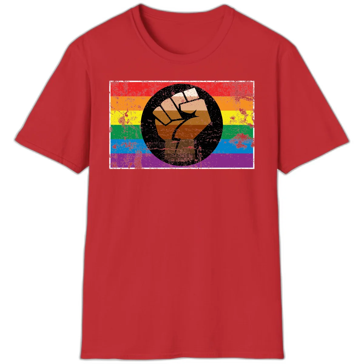 Distressed circular badge featuring a raised brown fist overlaid on a rainbow pride flag background, symbolizing LGBTQ+ solidarity and empowerment in Red
