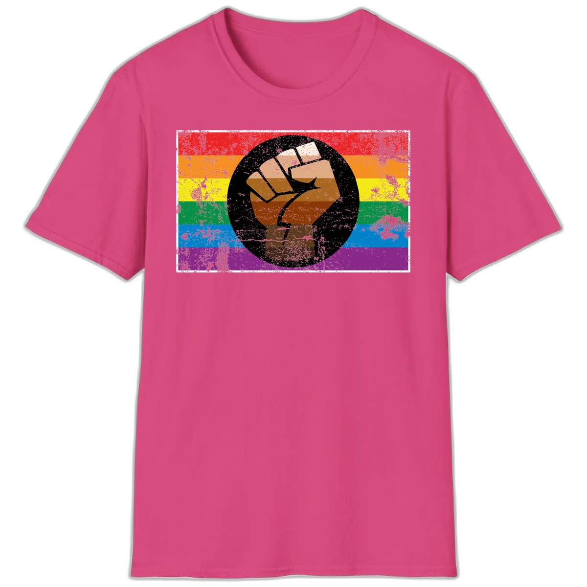 Distressed circular badge featuring a raised brown fist overlaid on a rainbow pride flag background, symbolizing LGBTQ+ solidarity and empowerment in Heliconia