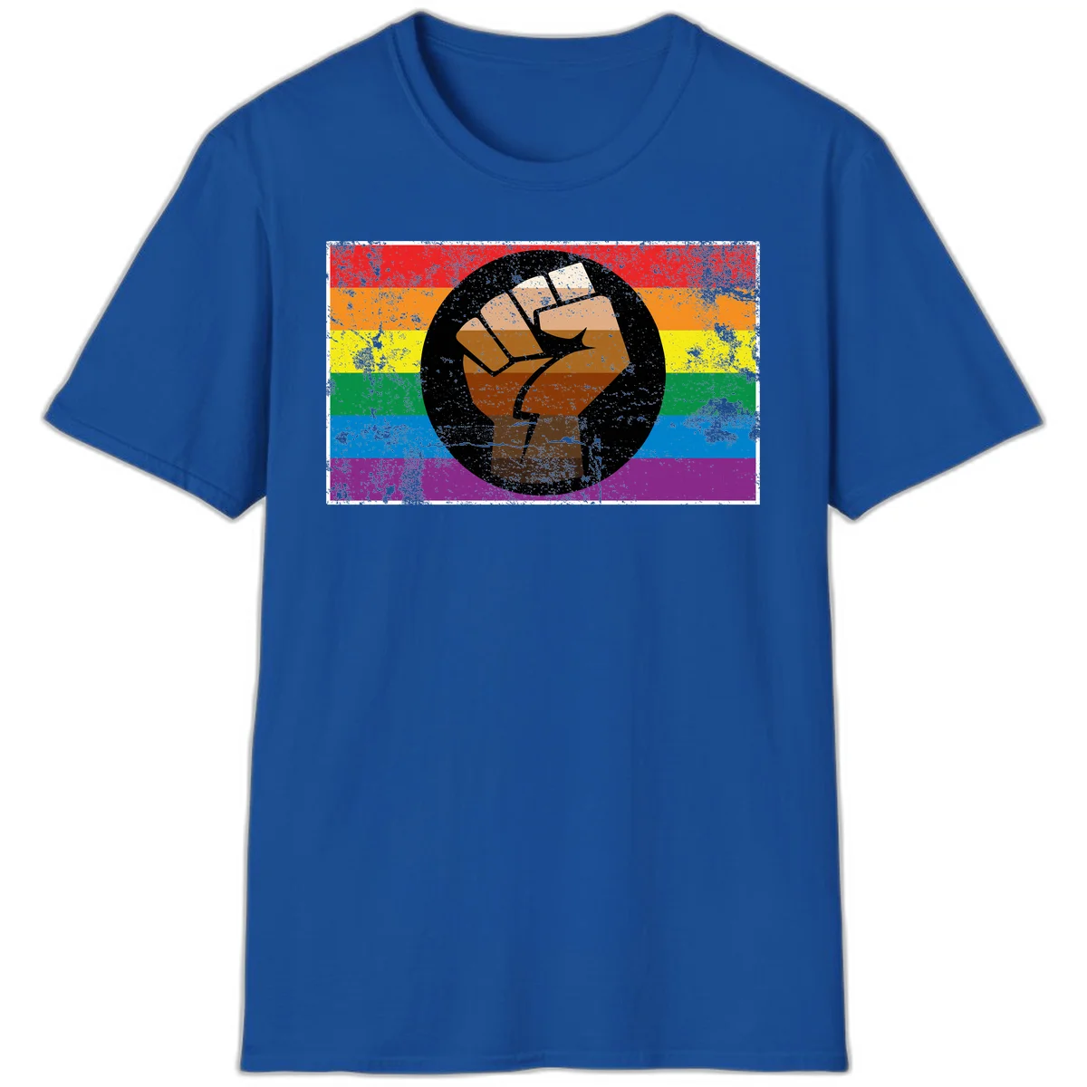 Distressed circular badge featuring a raised brown fist overlaid on a rainbow pride flag background, symbolizing LGBTQ+ solidarity and empowerment in Royal