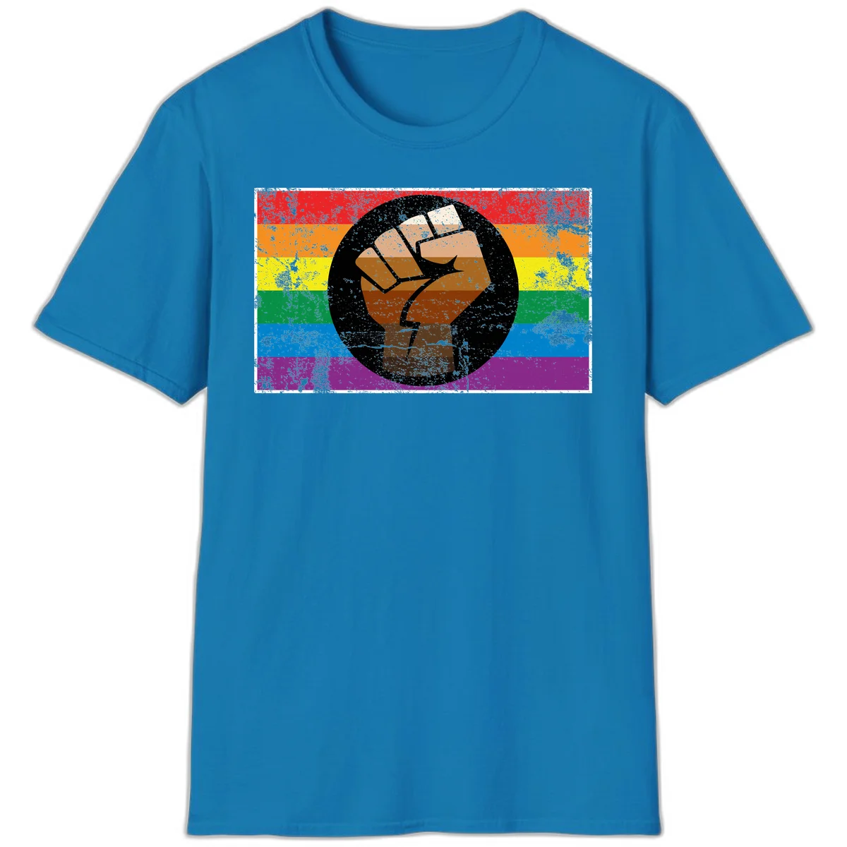 Distressed circular badge featuring a raised brown fist overlaid on a rainbow pride flag background, symbolizing LGBTQ+ solidarity and empowerment in Sapphire