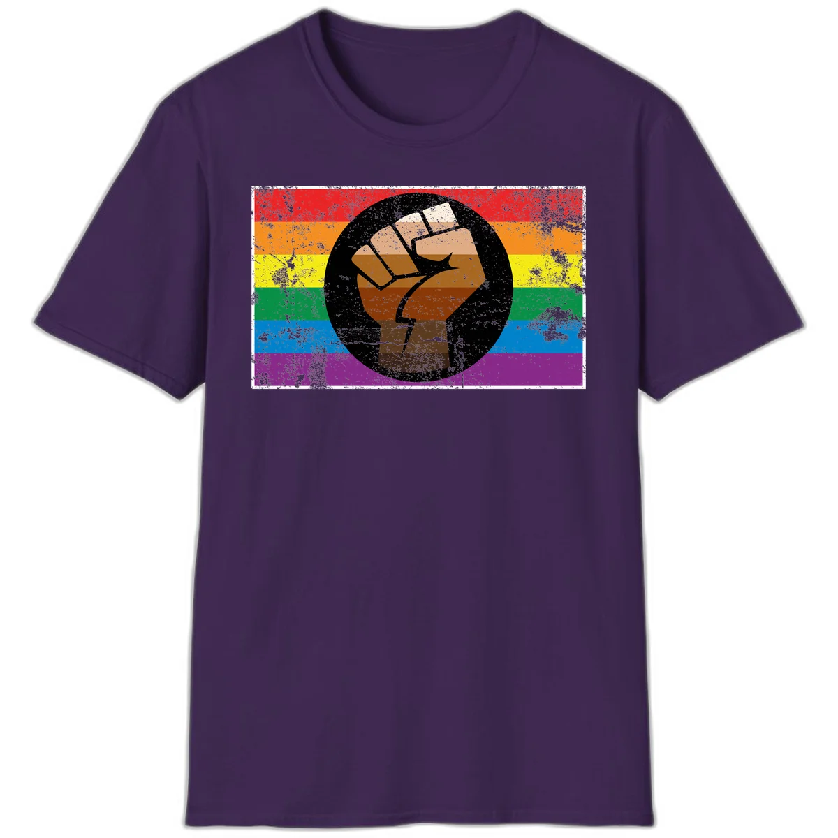Distressed circular badge featuring a raised brown fist overlaid on a rainbow pride flag background, symbolizing LGBTQ+ solidarity and empowerment in Purple