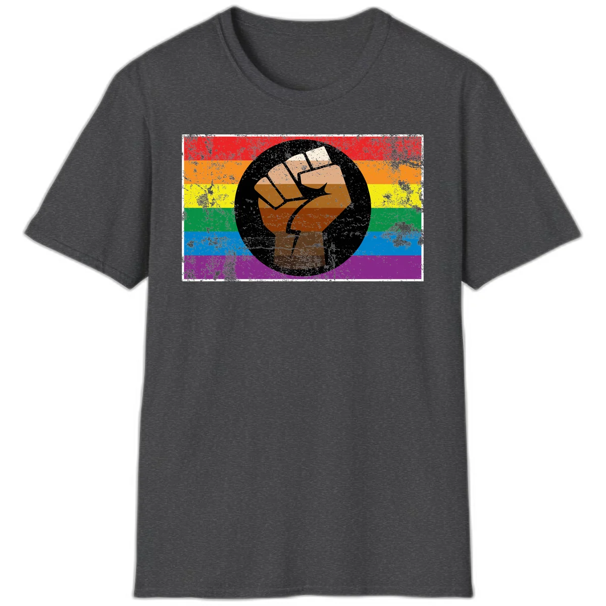 Distressed circular badge featuring a raised brown fist overlaid on a rainbow pride flag background, symbolizing LGBTQ+ solidarity and empowerment in Dark Heather