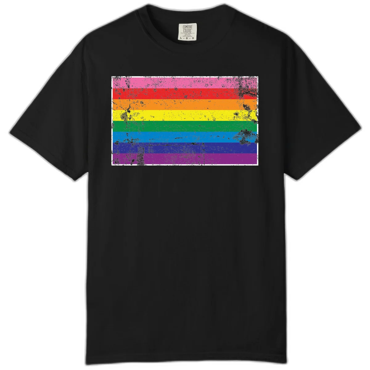Distressed rainbow pride flag with horizontal stripes in pink, red, orange, yellow, green, blue, purple, and magenta featuring grunge texture overlay. in Black