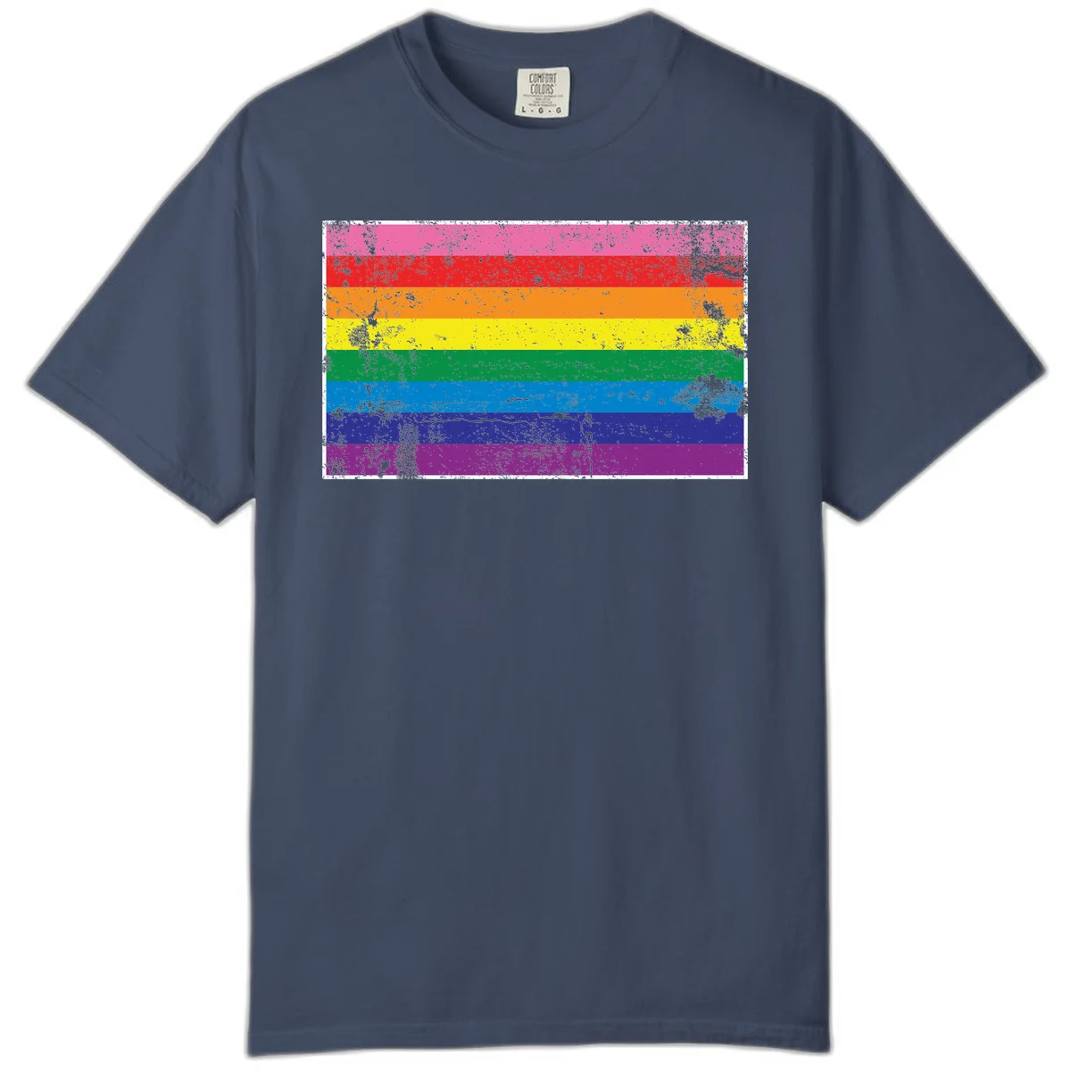 Distressed rainbow pride flag with horizontal stripes in pink, red, orange, yellow, green, blue, purple, and magenta featuring grunge texture overlay. in Midnight