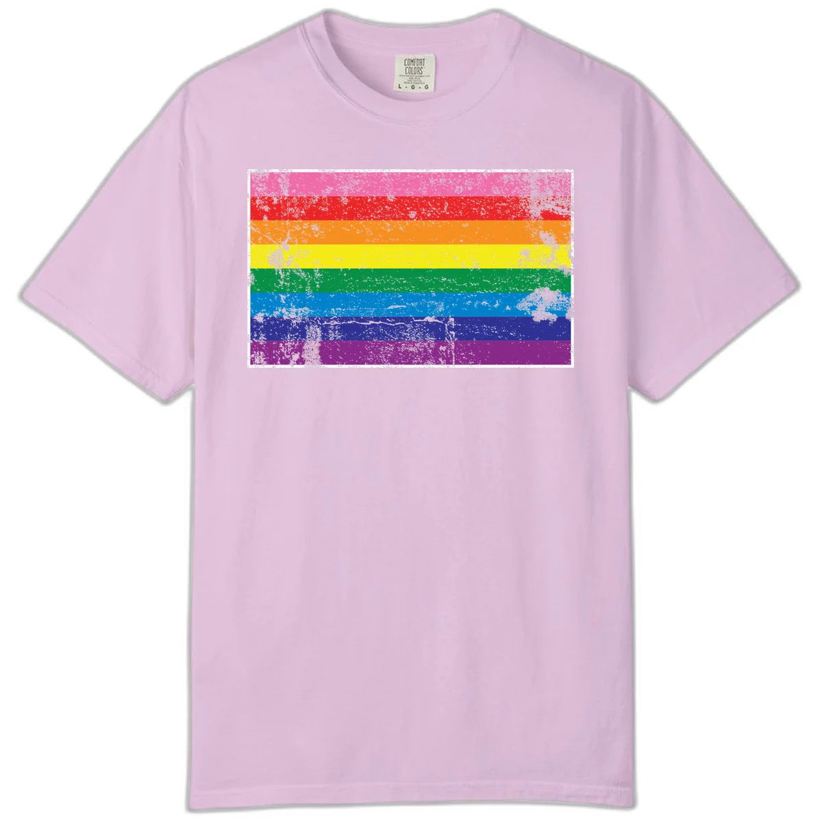 Distressed rainbow pride flag with horizontal stripes in pink, red, orange, yellow, green, blue, purple, and magenta featuring grunge texture overlay. in Orchid