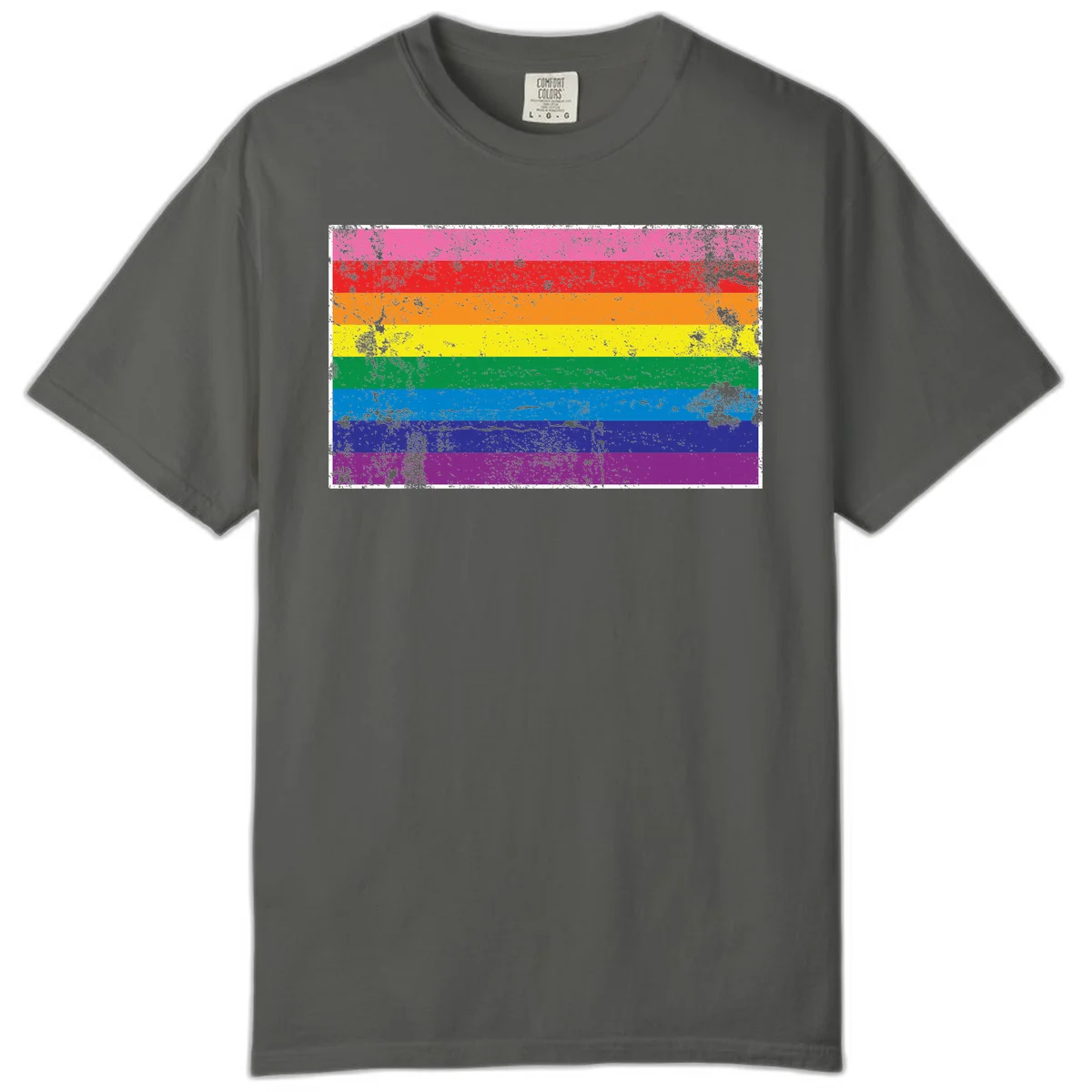 Distressed rainbow pride flag with horizontal stripes in pink, red, orange, yellow, green, blue, purple, and magenta featuring grunge texture overlay. in Pepper