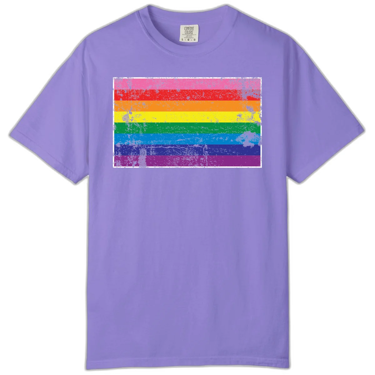 Distressed rainbow pride flag with horizontal stripes in pink, red, orange, yellow, green, blue, purple, and magenta featuring grunge texture overlay. in Violet
