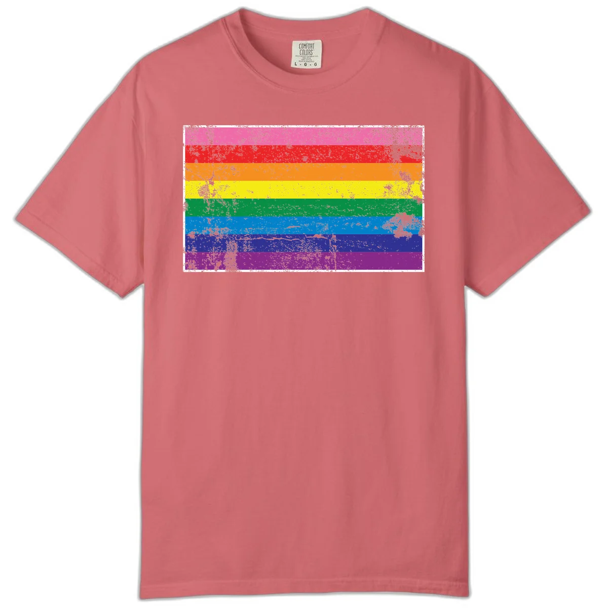 Distressed rainbow pride flag with horizontal stripes in pink, red, orange, yellow, green, blue, purple, and magenta featuring grunge texture overlay. in Watermelon