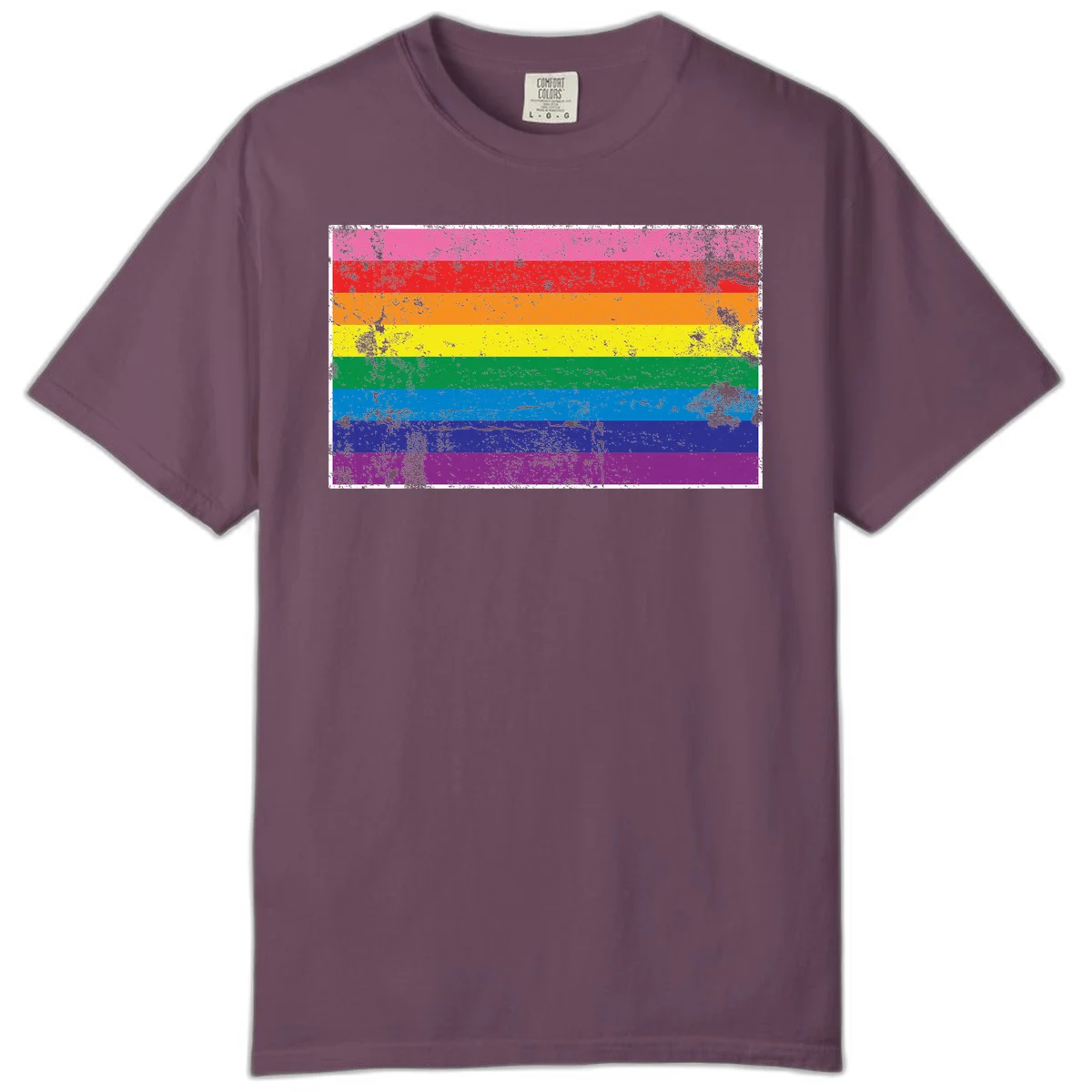 Distressed rainbow pride flag with horizontal stripes in pink, red, orange, yellow, green, blue, purple, and magenta featuring grunge texture overlay. in Berry