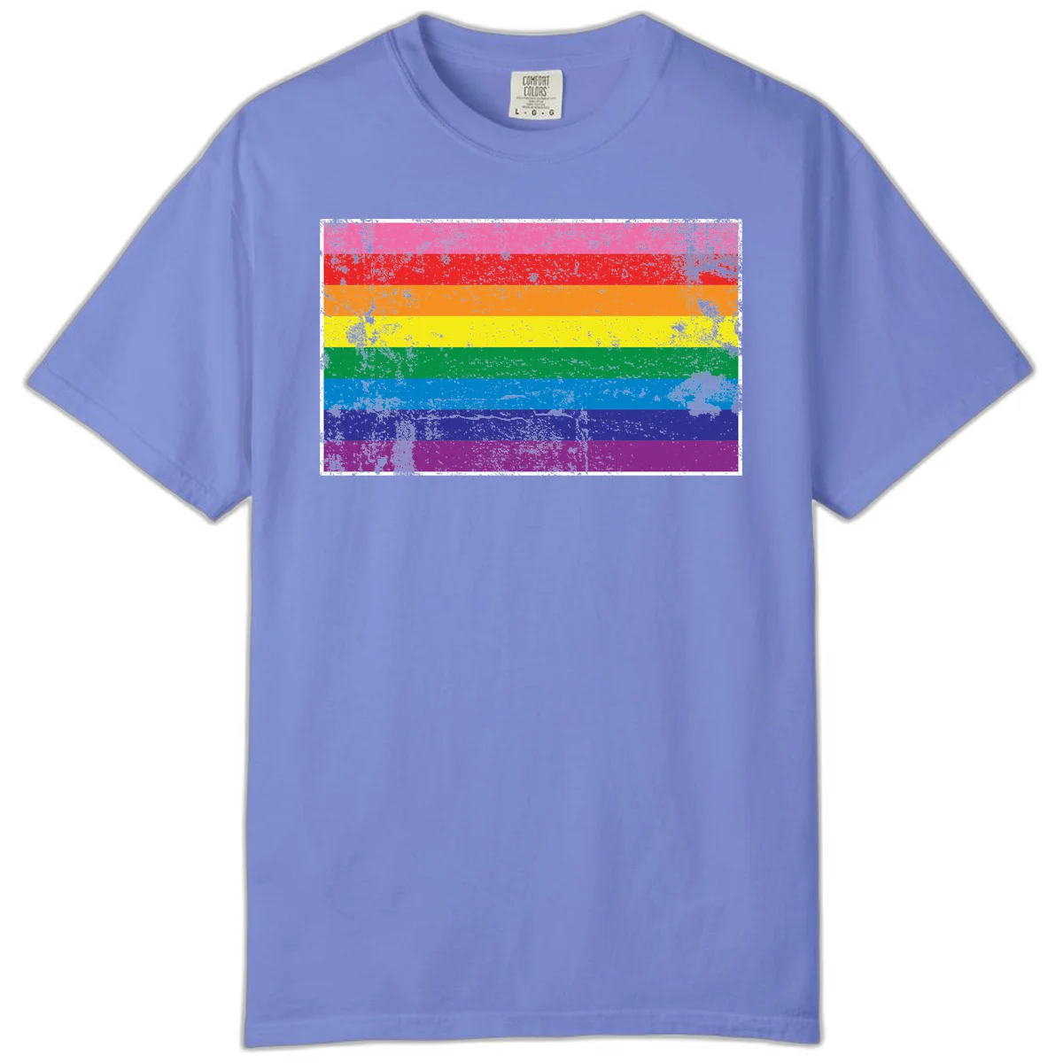 Distressed rainbow pride flag with horizontal stripes in pink, red, orange, yellow, green, blue, purple, and magenta featuring grunge texture overlay. in Flo Blue