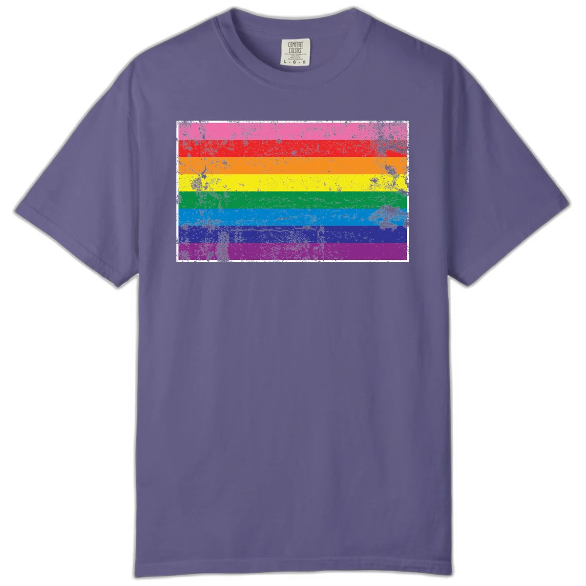 Distressed rainbow pride flag with horizontal stripes in pink, red, orange, yellow, green, blue, purple, and magenta featuring grunge texture overlay. in Grape