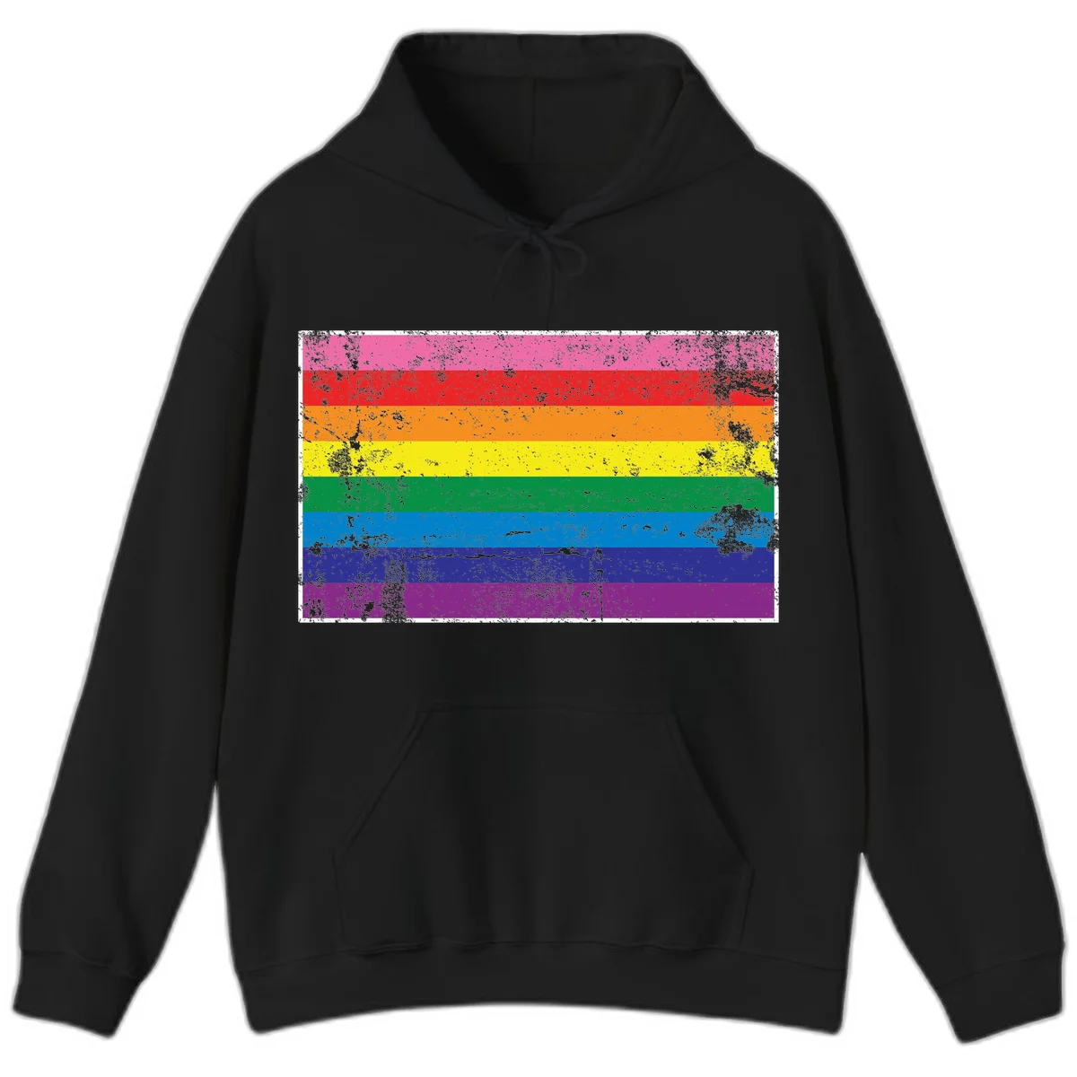 Distressed rainbow pride flag with horizontal stripes in pink, red, orange, yellow, green, blue, purple, and magenta featuring grunge texture overlay. in Black