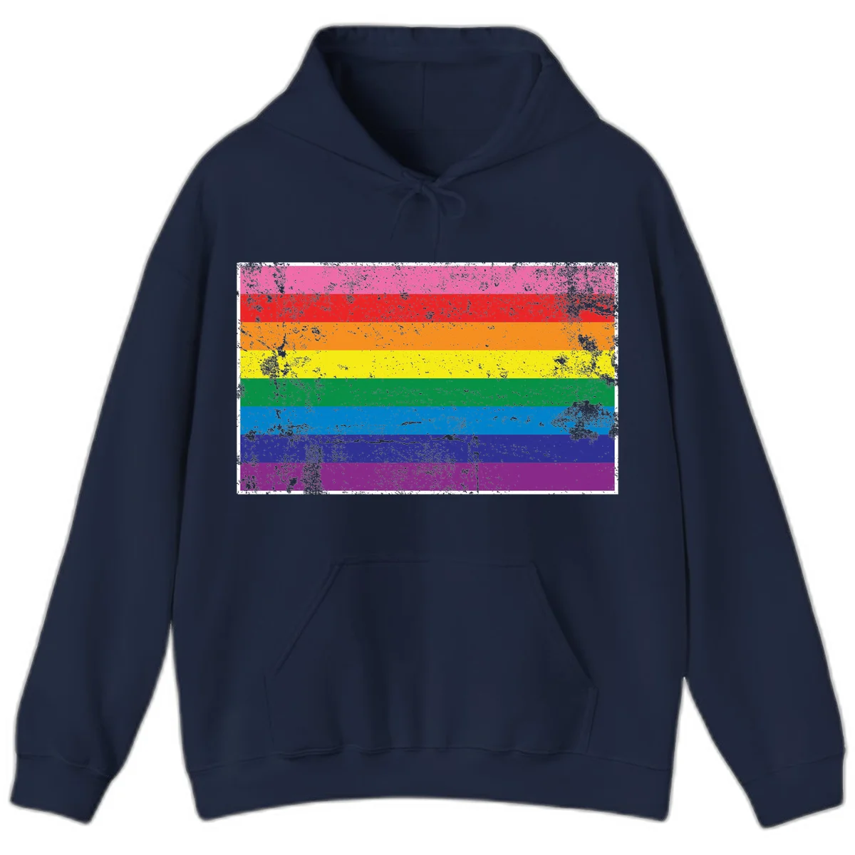 Distressed rainbow pride flag with horizontal stripes in pink, red, orange, yellow, green, blue, purple, and magenta featuring grunge texture overlay. in Navy