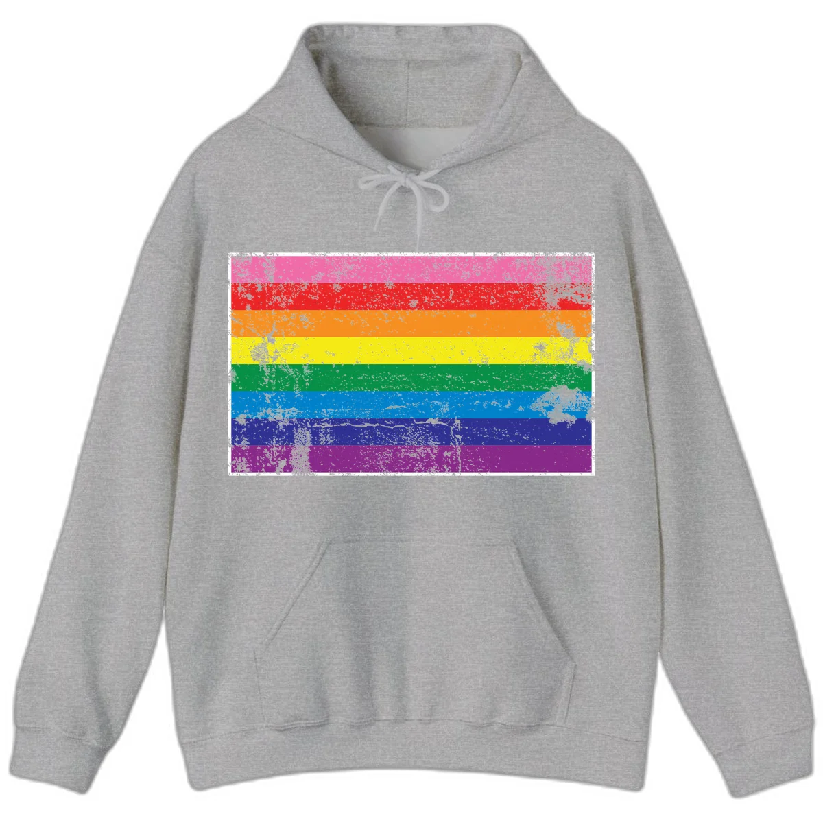 Distressed rainbow pride flag with horizontal stripes in pink, red, orange, yellow, green, blue, purple, and magenta featuring grunge texture overlay. in Sport Grey